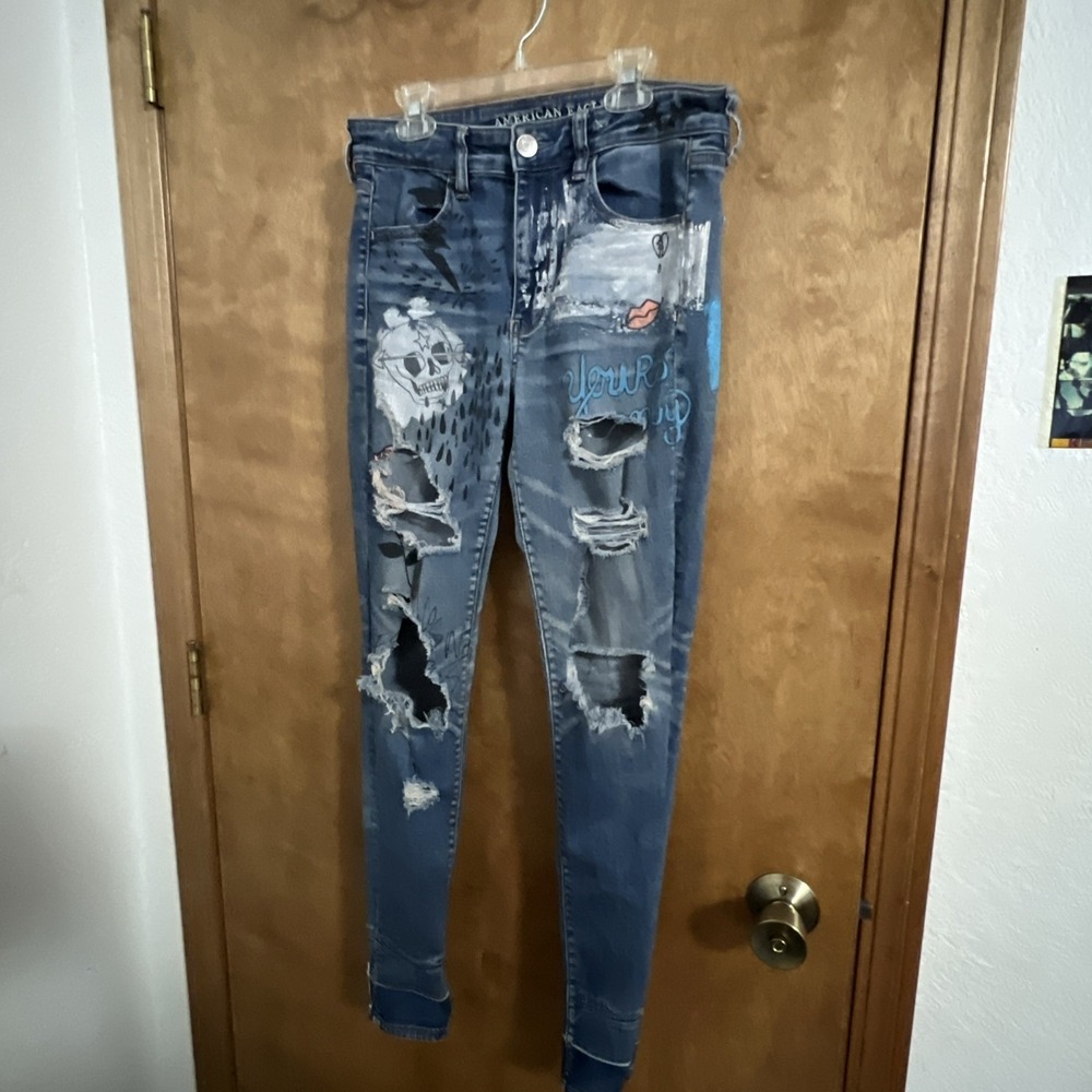 American Eagle Distressed Graffiti Jeans Painted Size 8 Punk Stretch 29‎ X 29
